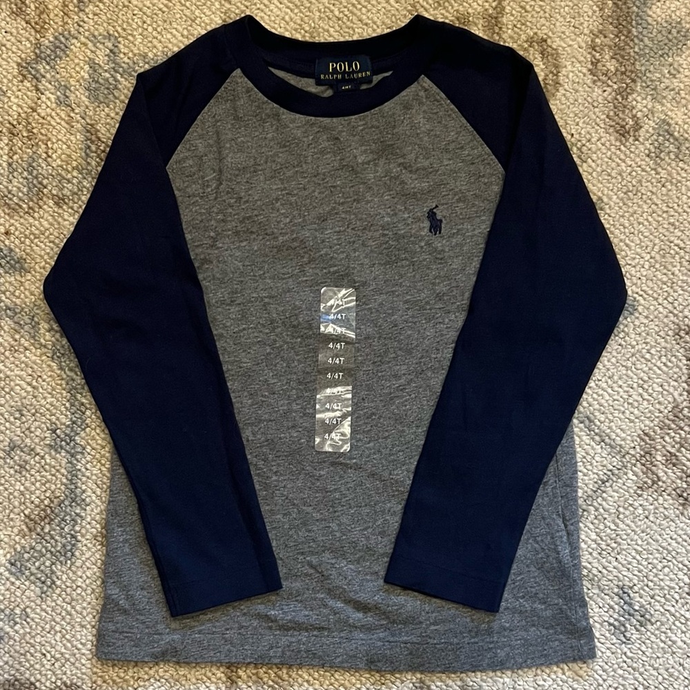NWT Ralph Lauren boys 4T, gray/navy, long sleeve tee.